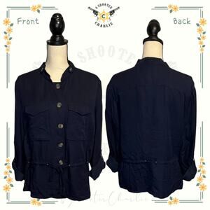 NWT White House Black Market Long Sleeve Soft Jacket Sz 16 Navy Waist Drawstring